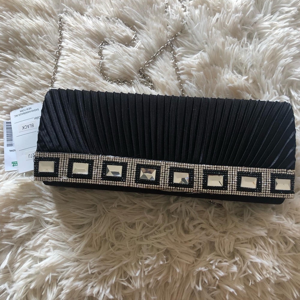Sasha black satin evening bag; new with tags, never used
